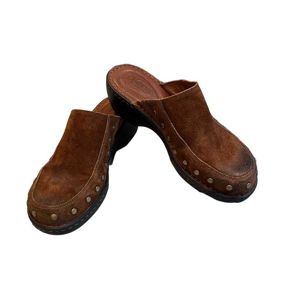 Born Chestnut Suede Clogs with Brass Studs